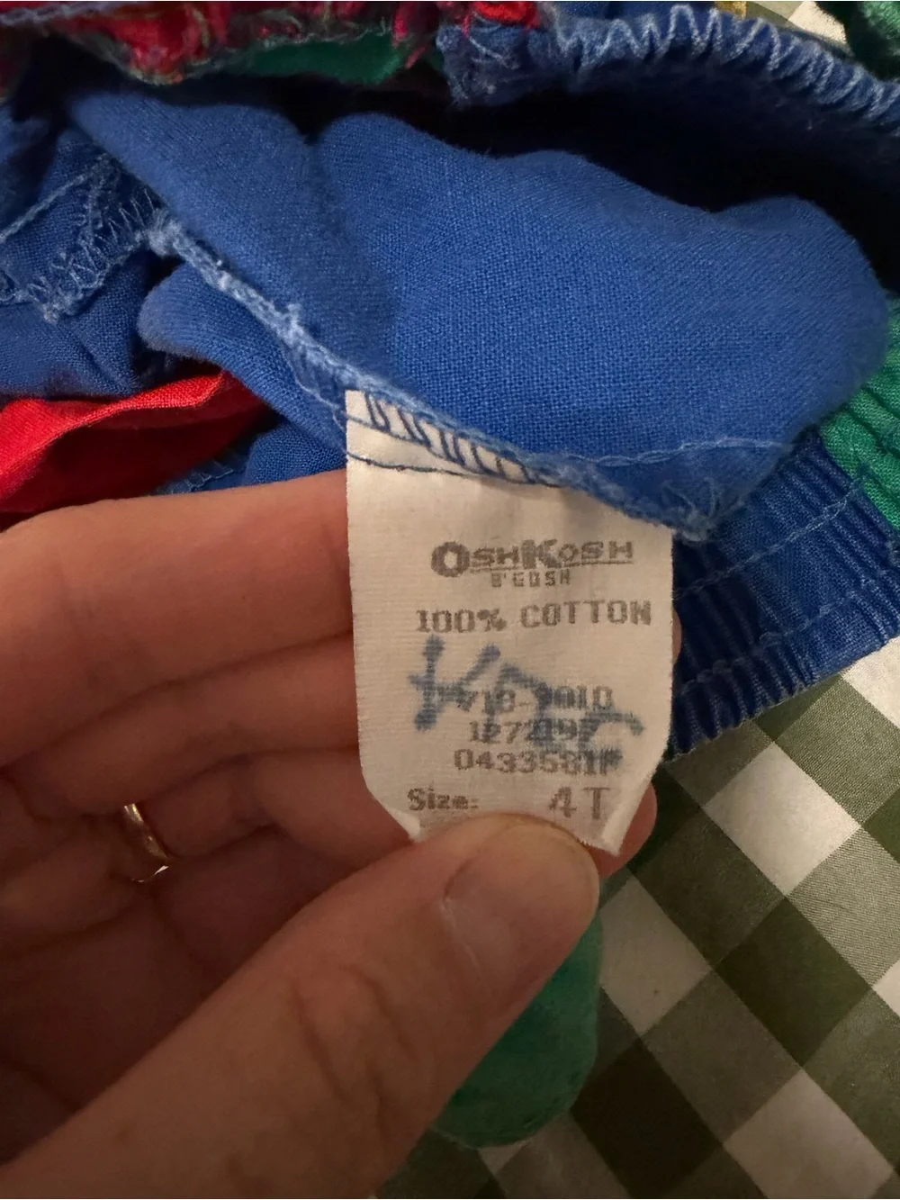 Vintage OshKosh B'gosh Bright Blue Short Overalls with Red & Green Accents